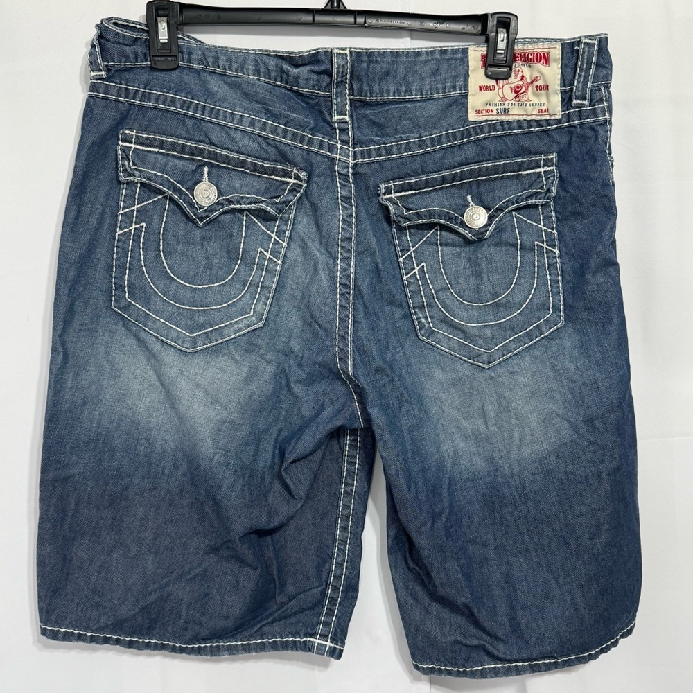 True Religion Section Surf Denim Boardshorts 40 Super T White Stitch Y2K Baggy